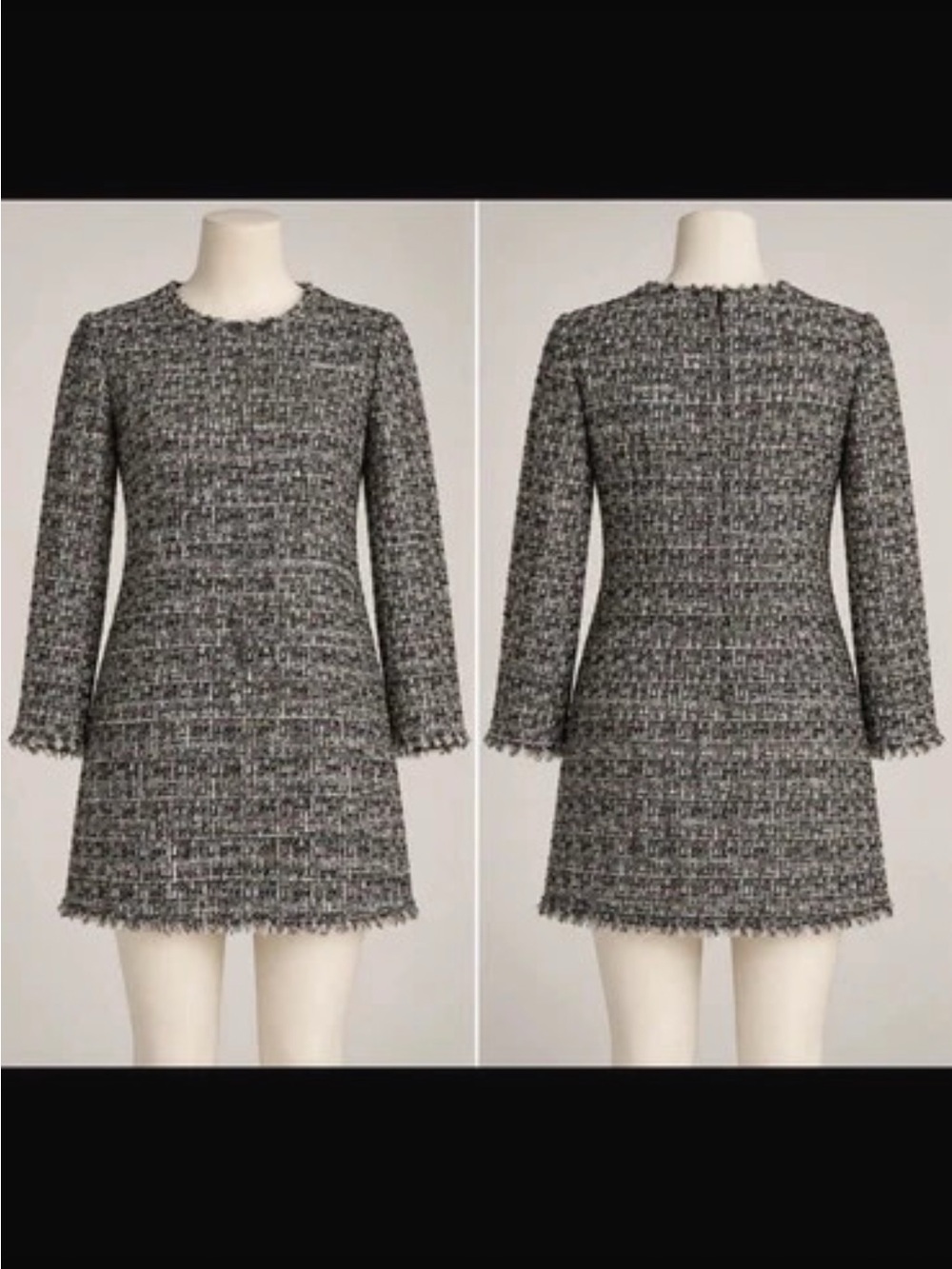 Classic Tweed Long-Sleeve Mini Dress in Black and White